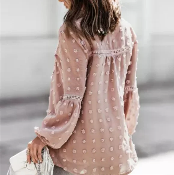 β€οΈπHPπNew Ruffled Swiss Dot Split Neck Ruffle Babydoll Blouse - Picture 4 of 16